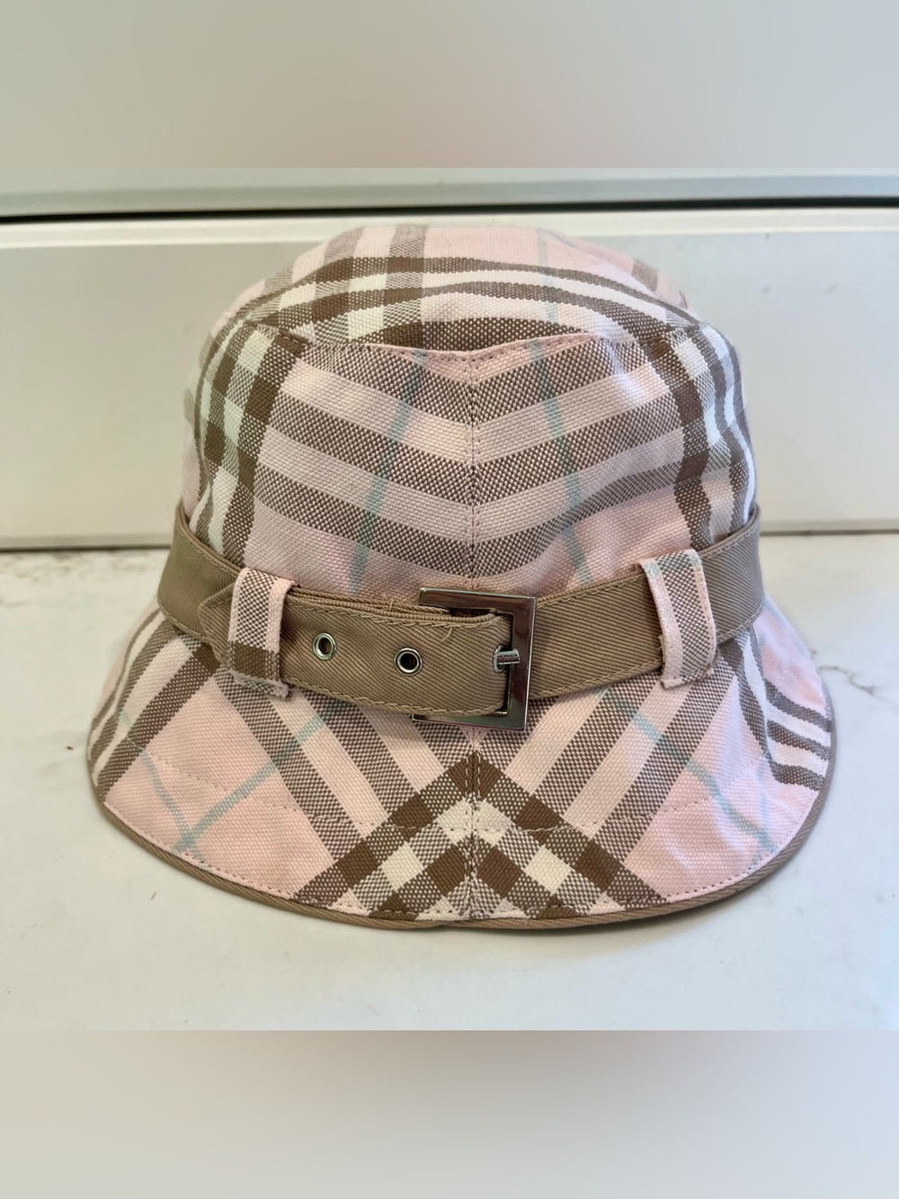Burberry Pink Plaid Bucket Hat with Beige Belt